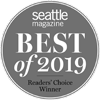 A circular badge from Seattle Magazine, labeled "Best of 2019 Readers' Choice Winner."