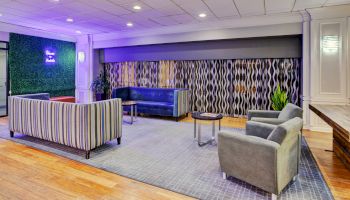The image shows a modern lounge with sofas, a patterned wall, hardwood flooring, and a neon sign on a greenery wall.