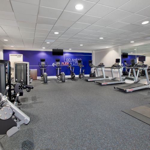 The image shows a gym with treadmills, stationary bikes, weight machines, and wall mirrors. The floor is carpeted and walls are white.