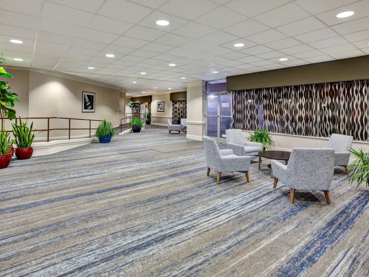 A modern lobby area with patterned carpet, gray chairs around a table, potted plants, and wall art, creating a welcoming atmosphere.