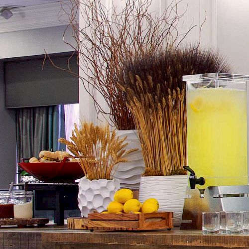 A refreshment table with lemons, lemonade dispenser, glassware, decorative plants, and a chalkboard sign saying "Enjoy!" is displayed.