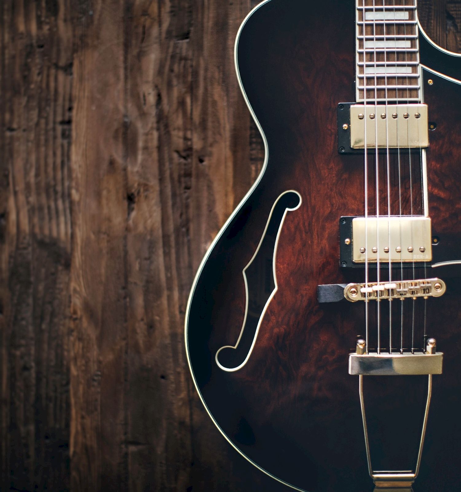 The image shows a close-up of a hollow-body electric guitar against a wooden background, highlighting its strings, pickups, and knobs.