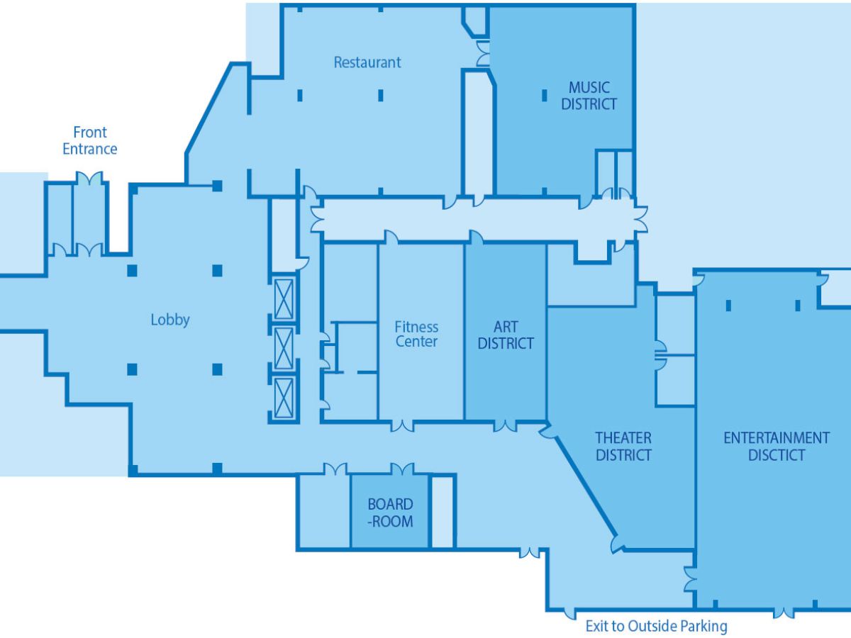 Floor plan showing a lobby, restaurant, fitness center, board room, and various themed districts like music, art, theater, and entertainment.