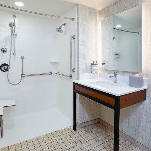 The image shows a bathroom with a walk-in shower, grab bars, a shower seat, and a sink with a mirror.