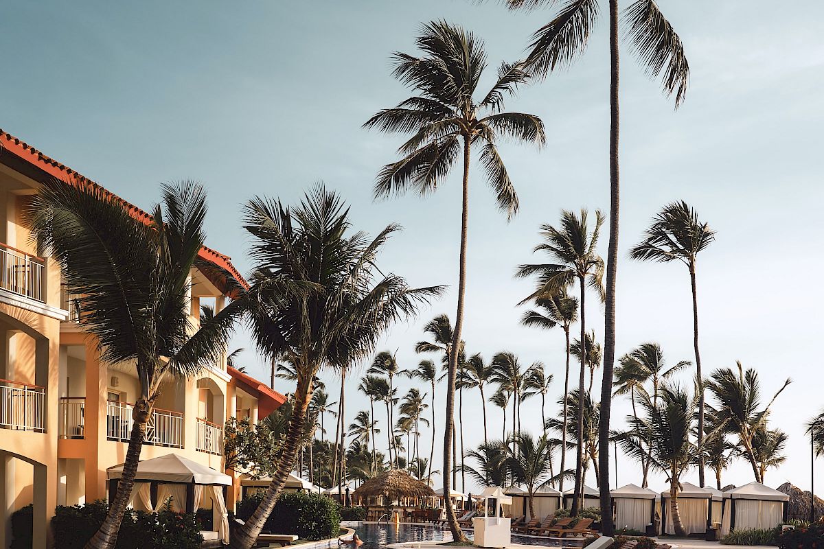 A tropical resort scene with tall palm trees, a pool with reflections, sun loungers, and a building under a clear blue sky.